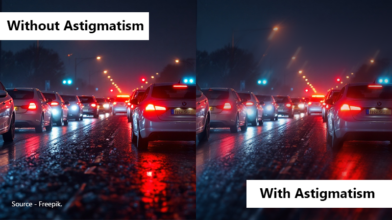 Side-by-side comparison of a rainy night street view: the left image is clear, while the right (Astigmatism) shows severe streaking and starbursts from the car lights.